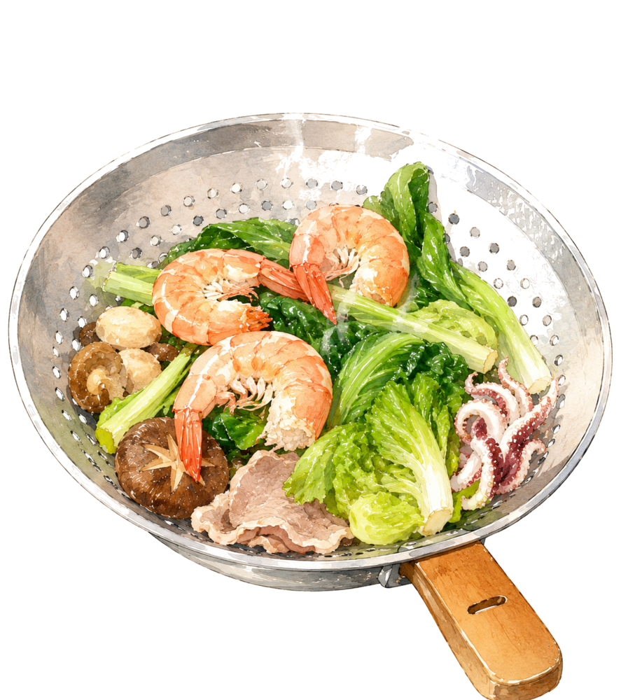 大虾、青菜、香菇、鱿鱼须和肉片等新鲜食材
