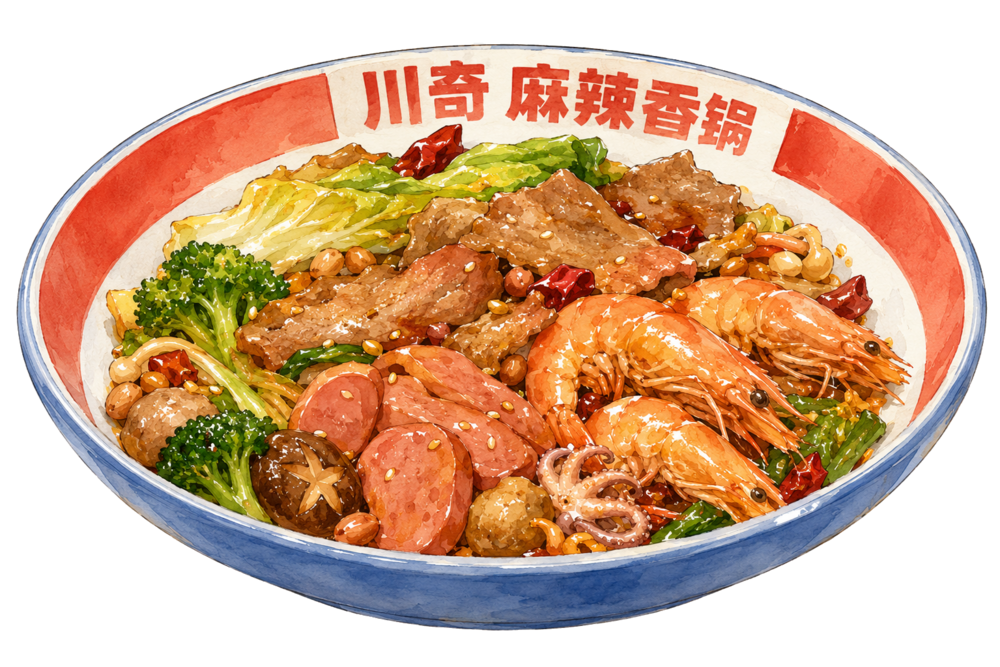 大虾、肉片、香肠、西蓝花、丸子和蔬菜组成的川奇麻辣香锅